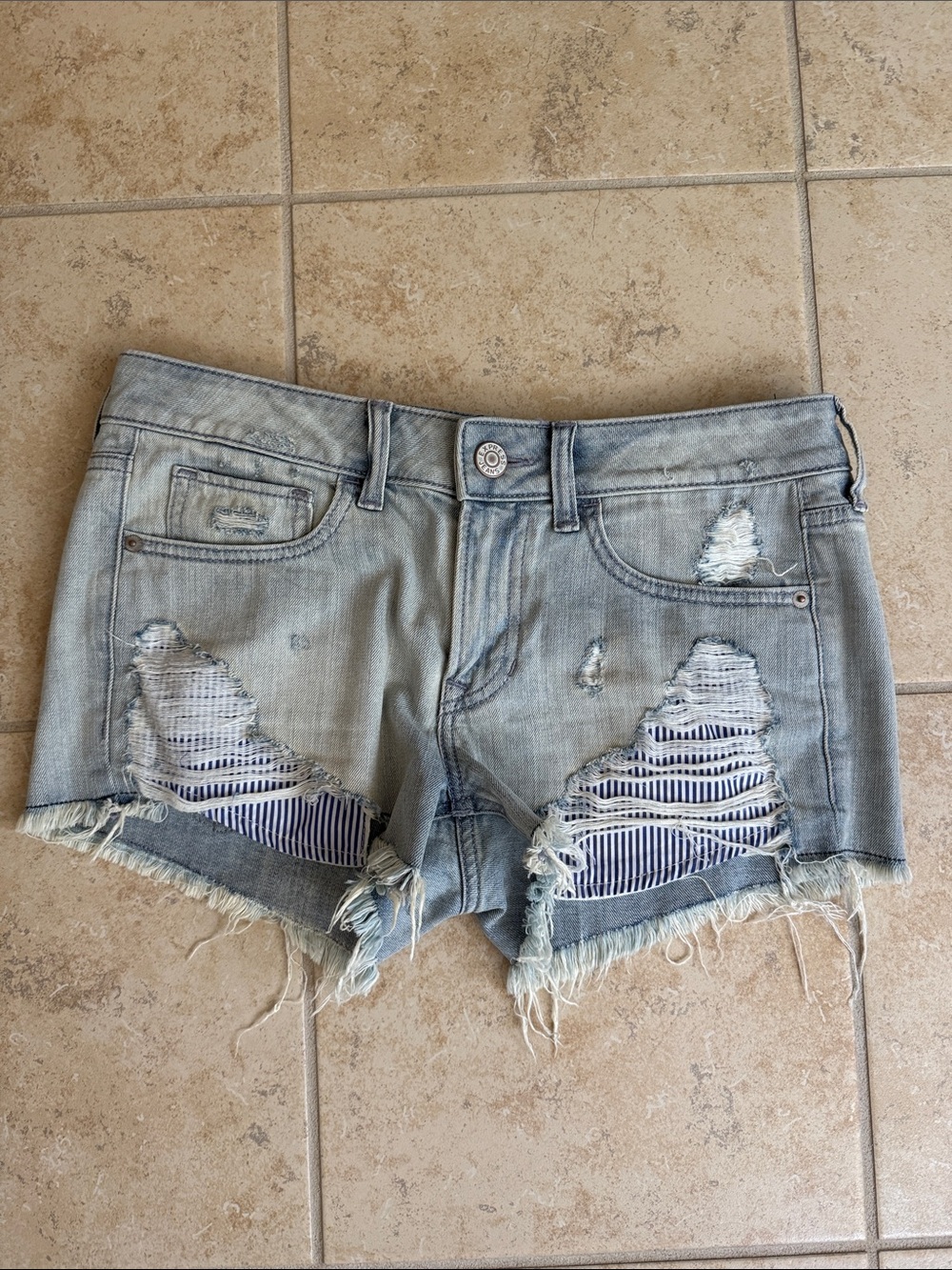 Express Light Blue Distressed Denim Shorts with Striped Underlay